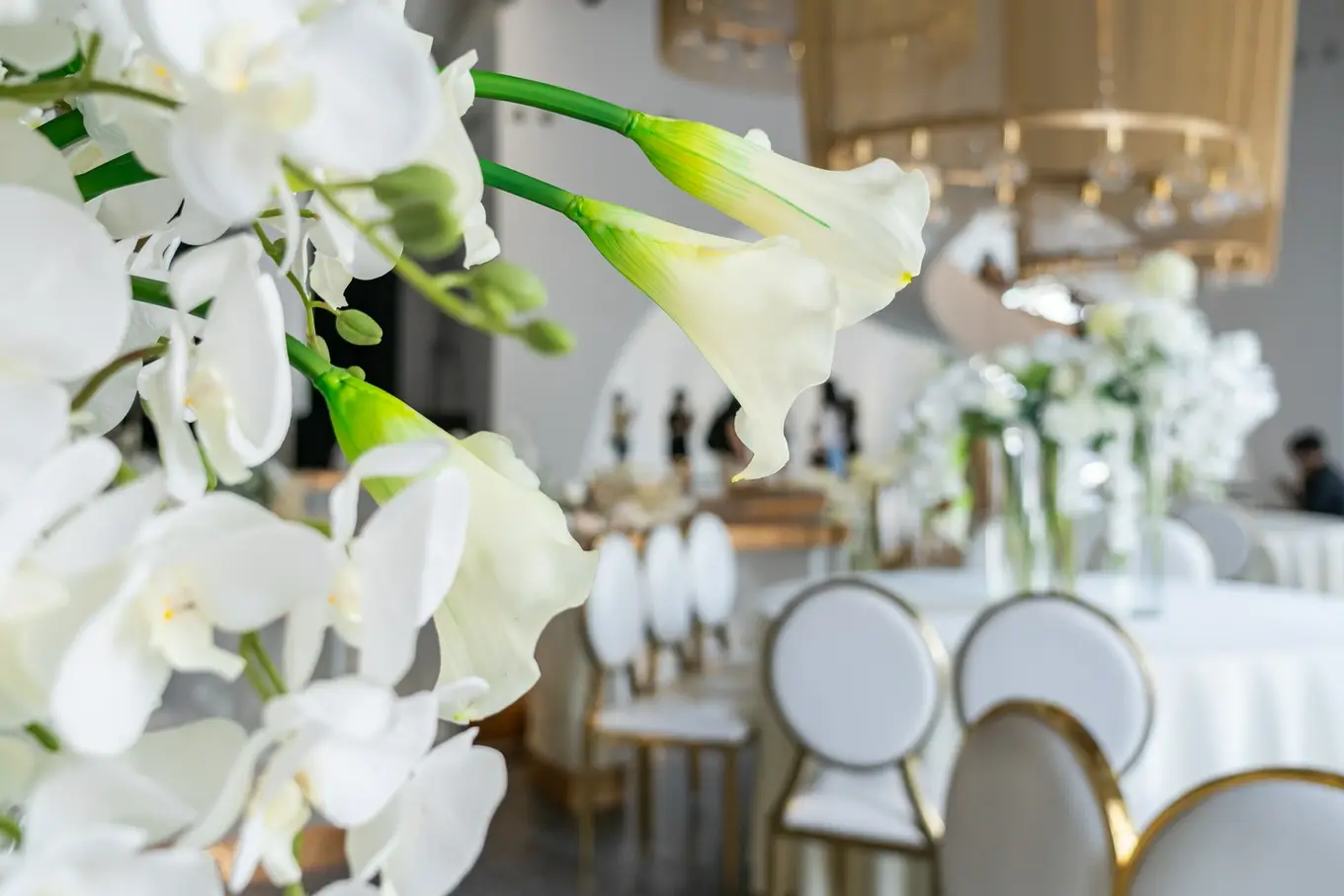 sala weselna udekorowana białymi kwiatami